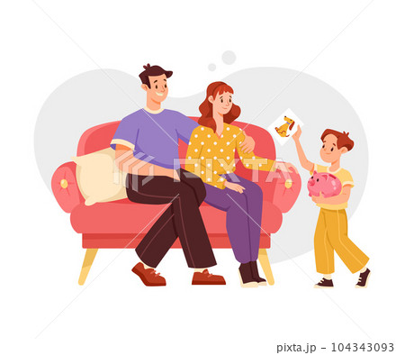 Financial Literacy with Mom and Dad with Son Teaching Saving Money Vector Illustration 104343093
