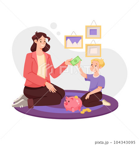 Financial Literacy with Mom and Boy Saving Money in Piggy Bank Vector Illustration 104343095