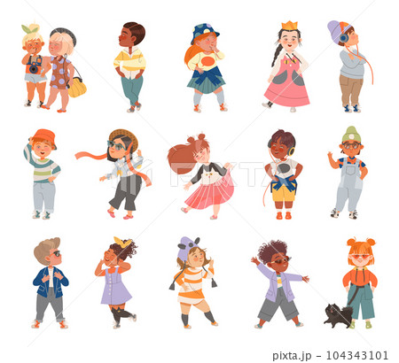 Cute Little Children Wearing Fashionable Stylish Clothes Big Vector Set 104343101