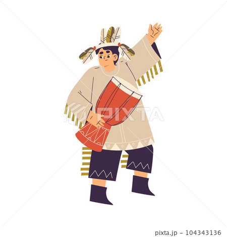 Funny Boy Beat Drum Playing Indian Dressed in Injun Costume with Feather Vector Illustration Funny Boy Beat Drum Playing Indian Dressed in Injun Costume with Feather Vector Illustration 104343136