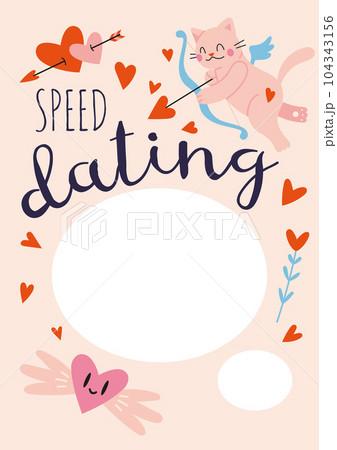 Speed dating invitation poster Template with Cupid cat and hearts, cartoon style. Trendy modern vector illustration, hand drawn, flat 104343156