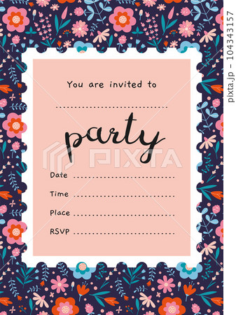 Party Invitation Card Template with postage stamp design and flower pattern, cartoon style. Trendy modern vector illustration, hand drawn, flat Party Invitation Card Template with postage stamp design and flower pattern, cartoon style. Trendy modern vector illustration, hand drawn, flat 104343157