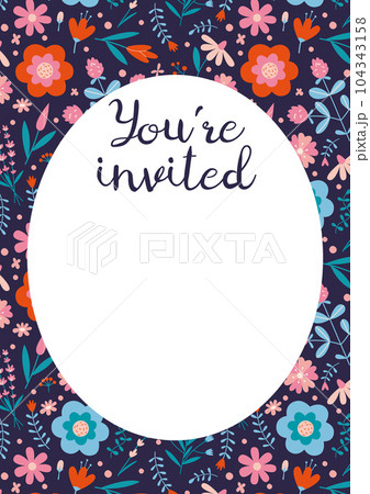 Invitation Card Template, You are invited, with spring vibe and flower pattern, cartoon style. Trendy modern vector illustration, hand drawn, flat Invitation Card Template, You are invited, with spring vibe and flower pattern, cartoon style. Trendy modern vector illustration, hand drawn, flat 104343158