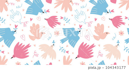 Seamless pattern with cute birds and hearts on a white background, cartoon style. Dove of peace, no war and freedom concept. Trendy modern vector illustration, hand drawn, flat 104343177