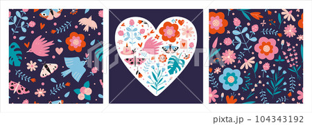 Set of elements in a spring, floral theme, including seamless patterns and a composition of various objects of nature, cartoon style. Trendy modern vector illustration, hand drawn, flat Set of elements in a spring, floral theme, including seamless patterns and a composition of various objects of nature, cartoon style. Trendy modern vector illustration, hand drawn, flat 104343192