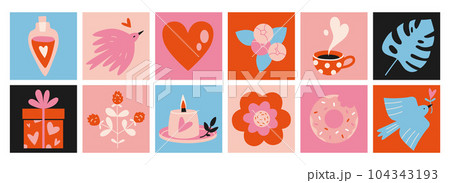 Set of romantic objects like heart, dove, candle and gift. Square colorful icons, cartoon style. Trendy modern vector illustration, hand drawn, flat Set of romantic objects like heart, dove, candle and gift. Square colorful icons, cartoon style. Trendy modern vector illustration, hand drawn, flat 104343193