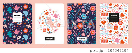 Trendy covers set on a romantic theme, cartoon style vector illustration. Cool design with floral seamless patterns and cute love objects. For notebooks, planners, brochures, books, catalogs Trendy covers set on a romantic theme, cartoon style vector illustration. Cool design with floral seamless patterns and cute love objects. For notebooks, planners, brochures, books, catalogs 104343194