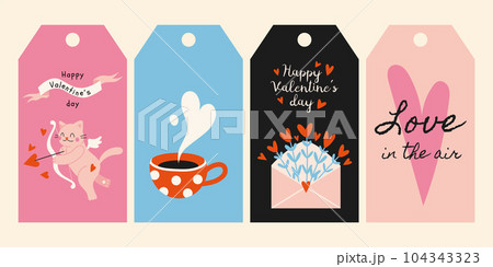 Saint Valentine's day gift tags and cards. Lovely romantic elements, cartoon style. Trendy modern vector illustration, flat 104343323