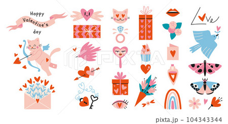 Happy Valentine's Day elements set. Many various romantic objects like hearts, balloons, gifts and sweets, cartoon style. Trendy modern vector illustration isolated on white, hand drawn, flat 104343344