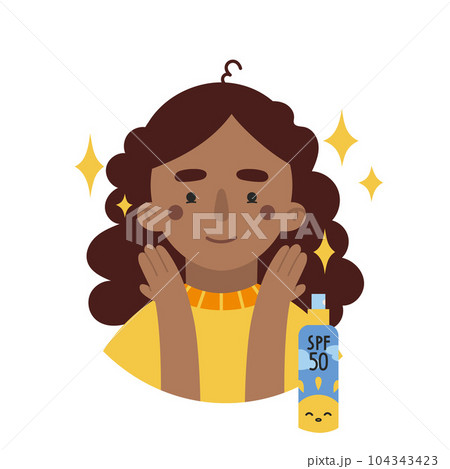 African American girl applies sunscreen, face skin care routine, cartoon style character African American girl applies sunscreen, face skin care routine, cartoon style character 104343423