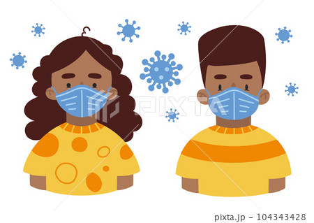 Boy and girl with mask. African american Children in medical masks for protect disease, flu, smog and covid-19. Boy and girl with mask. African american Children in medical masks for protect disease, flu, smog and covid-19. 104343428