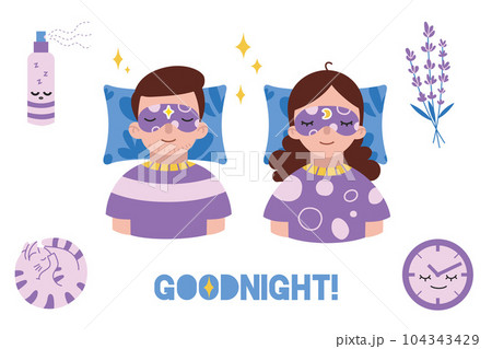 Sleep boy and girl in bed with sleeping mask. Help for falling asleep concept. Sleep boy and girl in bed with sleeping mask. Help for falling asleep concept. 104343429