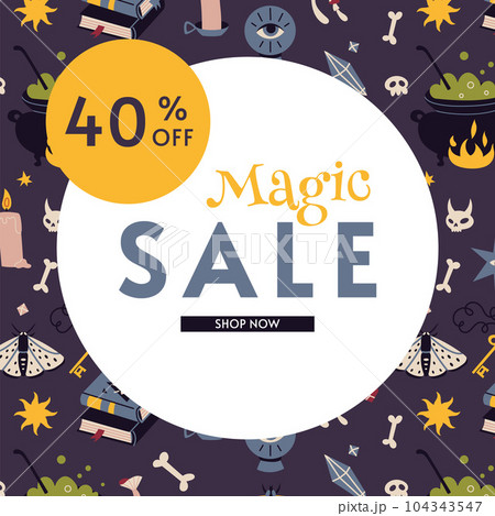 Magic sale 40 p.c. off banner template, cartoon style. Discount promotion layout poster for web or social media, advertising, leaflets and flyers. Trendy vector illustration, hand drawn, flat. Magic sale 40 p.c. off banner template, cartoon style. Discount promotion layout poster for web or social media, advertising, leaflets and flyers. Trendy vector illustration, hand drawn, flat. 104343547