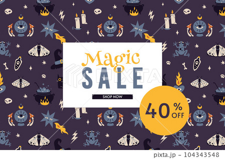 Magic sale 40 p.c. off banner template, cartoon style. Discount promotion layout poster for web or social media, advertising, leaflets and flyers. Trendy vector illustration, hand drawn, flat. Magic sale 40 p.c. off banner template, cartoon style. Discount promotion layout poster for web or social media, advertising, leaflets and flyers. Trendy vector illustration, hand drawn, flat. 104343548