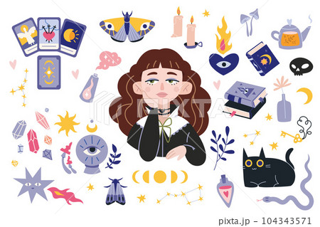 Witchcraft, withcore aesthetic set with beauti city witch girl, occult things, tarot cards, crystal ball. Bohemian mystical magic collection. Trendy modern vector illustration, hand drawn, flat 104343571