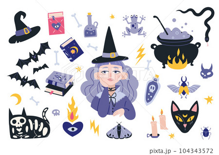 Witchcraft, withcore aesthetic set with Beautiful witch girl, occult things. Bohemian mystical magic collection clip art. Happy Halloween. Trendy modern vector illustration, hand drawn, flat 104343572