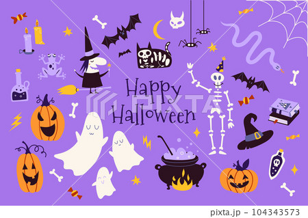 Happy Halloween set with pumpkins, bat, decoration elements. Bohemian mystical magic collection clip art. Trendy modern vector illustration, hand drawn, flat 104343573