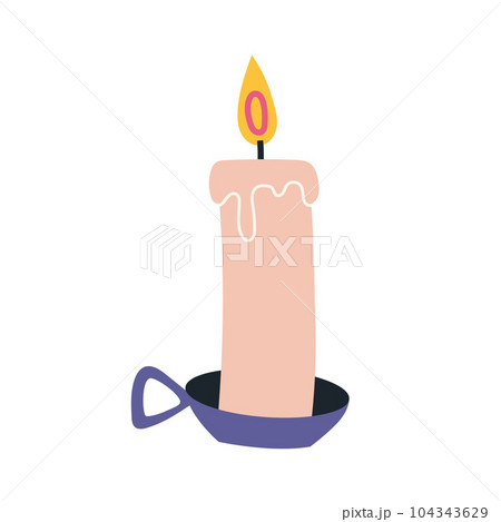 Decorative burning candle in a candlestick, cartoon style. Trendy modern vector illustration isolated on white background, hand drawn Decorative burning candle in a candlestick, cartoon style. Trendy modern vector illustration isolated on white background, hand drawn 104343629