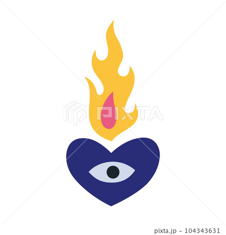 Burning heart with eye and flame, cartoon style. Trendy modern vector illustration isolated on white background, hand drawn Burning heart with eye and flame, cartoon style. Trendy modern vector illustration isolated on white background, hand drawn 104343631