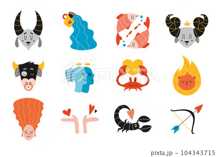 Zodiac signs. Bundle of vector illustration, astrological theme set isolated on white background. 104343715