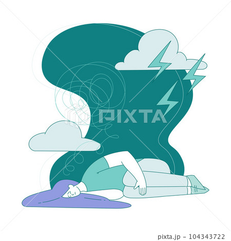 Young Woman Lying on the Floor with Gloomy Clouds Suffering from Mental Disorder Vector Illustration Young Woman Lying on the Floor with Gloomy Clouds Suffering from Mental Disorder Vector Illustration 104343722