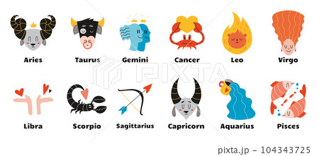 Zodiac signs. Bundle of vector illustration, astrological theme set isolated on white background. 104343725