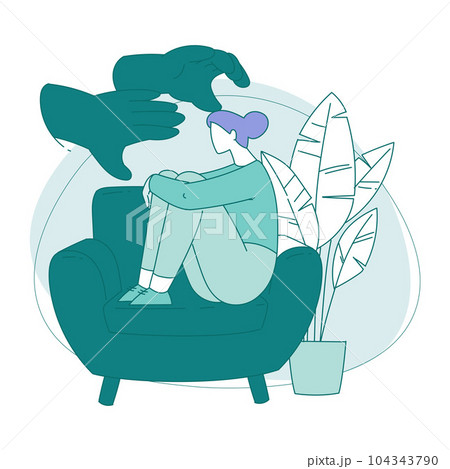 Young Woman Suffering from Fear Sitting on Armchair with Arms Reaching to Her Vector Illustration 104343790