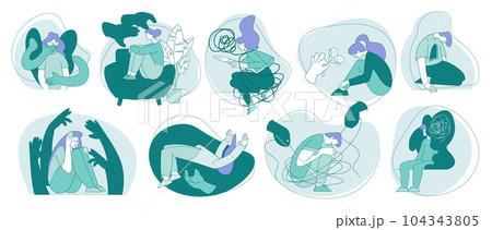 Young Man and Woman Suffering from Mental Disorder Vector Set 104343805
