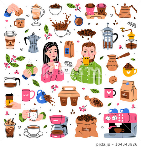 Coffee Preparation with Man and Woman Enjoy Aromatic Drink in Cup Vector Set 104343826