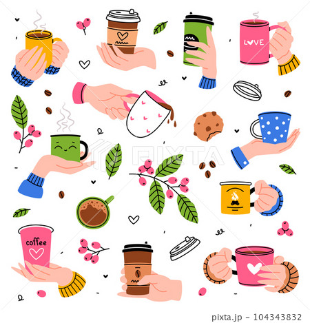 Coffee Aromatic Drink in Cup and Mug Hold by Hand Vector Set 104343832