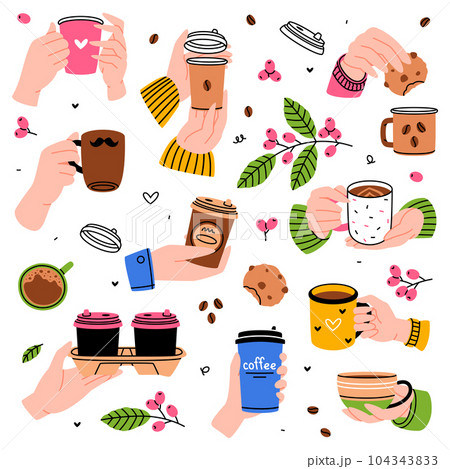 Coffee Aromatic Drink in Cup and Mug Hold by Hand Vector Set 104343833
