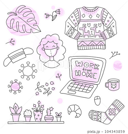 Stay home vector stock illustration, doodle style. Work from home 104343859