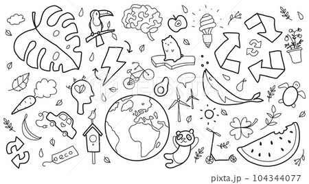 Hand drawn vector illustration of a set of ecology concepts, designs, and icons in doodle style. Hand drawn vector illustration of a set of ecology concepts, designs, and icons in doodle style. 104344077