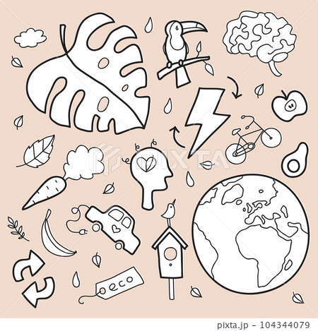 Hand drawn vector illustration of a set of ecology concepts, designs, and icons in doodle style. Hand drawn vector illustration of a set of ecology concepts, designs, and icons in doodle style. 104344079