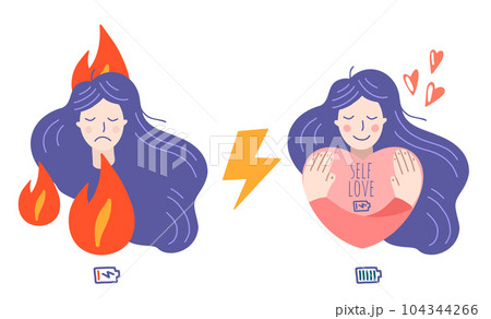 Occupational burnout syndrome and mental health prevention, recovery. Stressful girl and happy girl. 104344266
