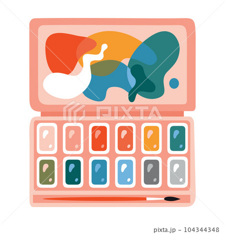 Box with watercolor paints and palette lid, cartoon style. Painting tools elements, Art supplies. Trendy modern vector illustration isolated on white background, hand drawn, flat design 104344348