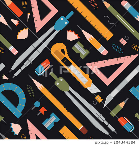 Seamless pattern with Drawing and graphics tools on black background, cartoon style. Mechanical drawing supplies like compasses, ruler, pencils. Trendy modern vector illustration, hand drawn, flat Seamless pattern with Drawing and graphics tools on black background, cartoon style. Mechanical drawing supplies like compasses, ruler, pencils. Trendy modern vector illustration, hand drawn, flat 104344384