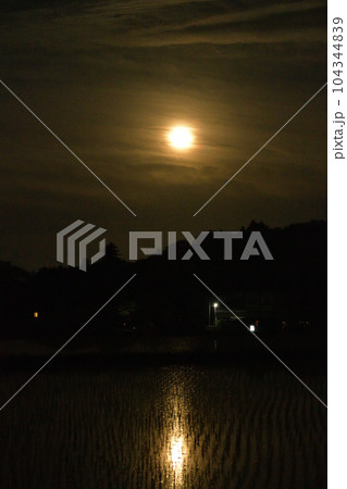 北杜市白州町、雲間を昇り行く六月の満月を映す田植えの済んだ水田 104344839