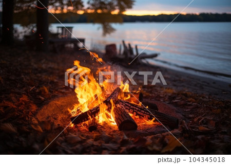 Outdoor campfire with lots of lighting by a lake Illustration AI Generative 104345018