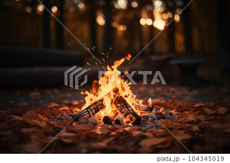 Outdoor campfire with lots of lighting by a lake Illustration AI Generative 104345019