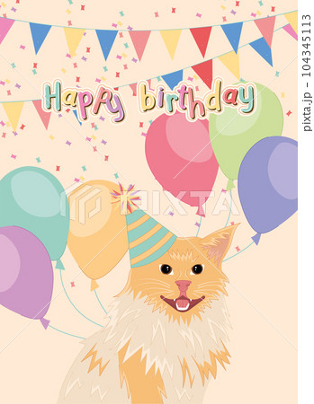 Cute birthday invitational card with a happy cat Vector Cute birthday invitational card with a happy cat Vector 104345113