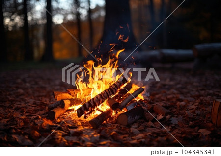 Outdoor campfire with lots of lighting by a lake Illustration AI Generative 104345341