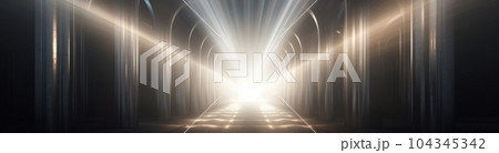 Hallway with light coming from behind a dark wall, in the style of motion blur panorama Illustration AI Generative 104345342