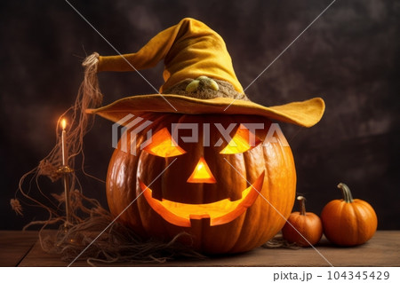 Scary pumpkin lantern with a wicked grin on Halloween. Generative AI 104345429