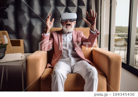 Excited elderly man using virtual reality VR glasses headset. Generative AI 104345430