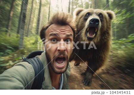 Man running away from scary bear in forest. Generative AI 104345431