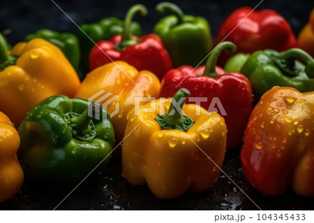 Group of colorful pepper with drops of water on black background. Generative AI 104345433