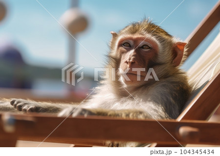 Monkey in sunglasses with cocktail lounging on beach. Generative AI 104345434