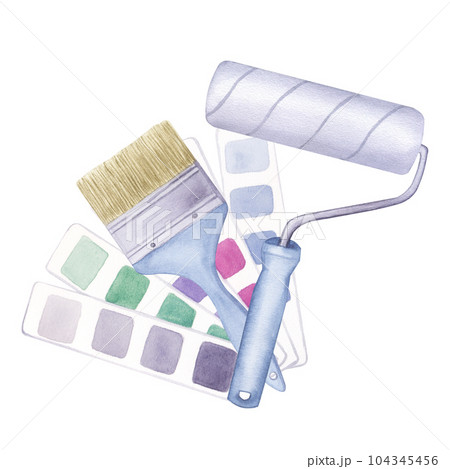 Paint roller and bristles brush, blue handle, repair tool. Color palette guide, swatches catalogue. Hand drawn watercolor illustration isolated on white background Paint roller and bristles brush, blue handle, repair tool. Color palette guide, swatches catalogue. Hand drawn watercolor illustration isolated on white background 104345456