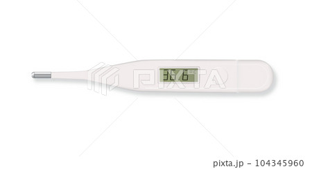 Celsius electronic medical thermometer for measuring set closeupisolated. Fever normal 36.6. Design template of digital thermometer showing temperature. Top view3d realistic.Vector Celsius electronic medical thermometer for measuring set closeupisolated. Fever normal 36.6. Design template of digital thermometer showing temperature. Top view3d realistic.Vector 104345960